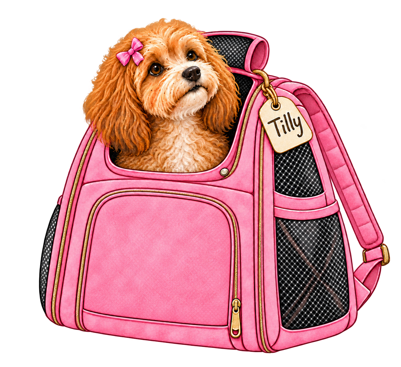 Watercolor Tilly peeking from a pink backpack with a solid pink zippered front and hanging Tilly tag